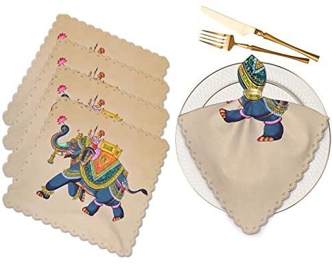 Yibeas Elefant mit Jockey Tuch Servietten Esstisch Servietten Traditionelle indische Rajasthani Wandmalerei Waschbar Wiederverwendbare Servietten 4er Set Home Urlaub Party Hochzeit