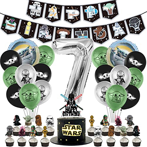 7 Jahre Geburtstag Decorations 41 Pcs,Geburtstag Banner,Cake Topper,Nummer 7 Silberner Ballon,Geburtstag Ballon,für 7 Jahre Jungen Mädchen zum Geburtstag Party