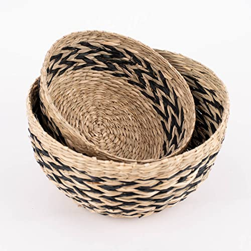 SCHÖNER LEBEN. Sass & Belle Deko Schale aus Seegras 2er Set rund Zickzack natur schwarz 25x12cm