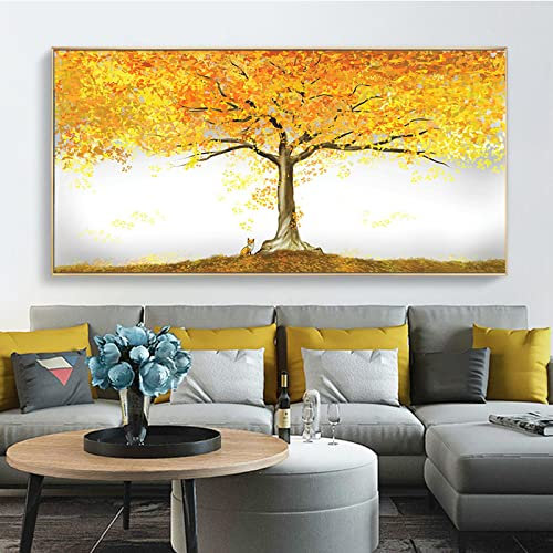 KADING Arte della parete su tela Paesaggio moderno Albero della vita dorato Quadro su tela Poster e stampe Quadri murali Soggiorno Decorazioni per la casa 40x82cm (16x32in) Cornice interna