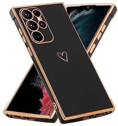 BAOJAY Hülle für Samsung Galaxy S21 Ultra 5G,Galvanisierte TPU Weich Silikon Handyhülle mit Herzmuster,Vier Ecken Absturzsicherung,Schön Mädchen Frau Stoßfest Schutzhülle Case,Schwarz