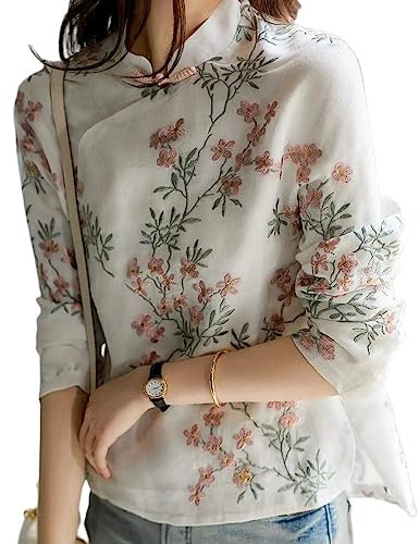 LCDIUDIU Chemisier Femme Chic Et Élégant,Femme Chemisiers D'Été Col Mandarin Chemise Boutonnée Chemise 3 4 Manches Ethnique Traditionnelle Coton Lin Qipao Chemise Décontractée Blouse De Fête Chemise