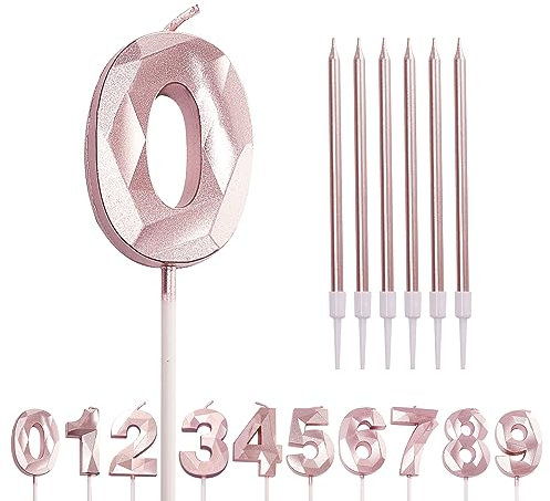 HONGCI Birthday Candles Rose Gold 0 Candle for Cake, Happy Pink Number 10 21 30 60 70 80th Cake Topper Wedding Anniversary Decorations