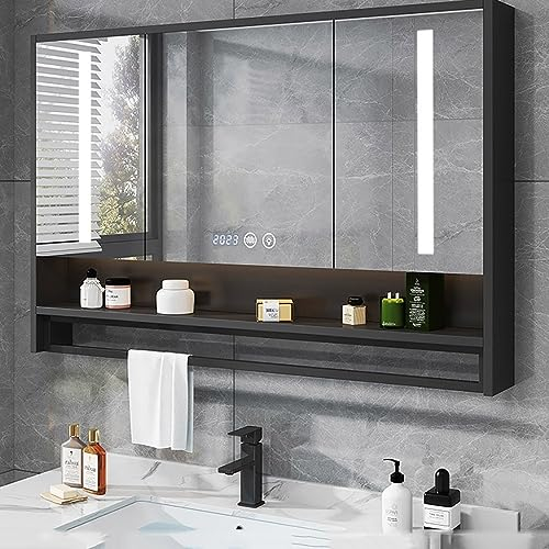 UkewEi Rechteckig Spiegelschrank Bad mit Beleuchtet, 90 * 80CM Antibeschlag Wandbefestigung Badezimmerschrank, Touch-Schalter, 3 türig (Color : A, Size : 80CM)