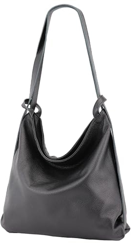 SH Leder 2in1 Handtasche Rucksack Damen Schultertasche DayPack CityRucksack aus Echt genarbt Leder (B 37cm x H 35cm) Rica G699 (Schwarz)