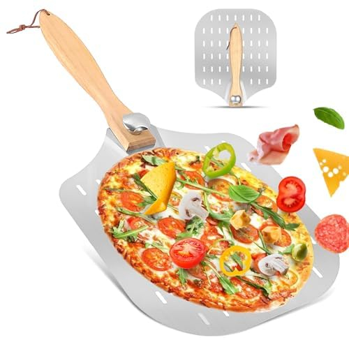 Judavry Pelle à Pizza 31 x 34 cm, Pelle Pizza 12 Pouces Perforée en Aluminium Carrée, Pelle à Pizza Coulissante, Pelle à Pizza Manche en Bois, Grande Surface, pour Cuisson au Four à Pizza
