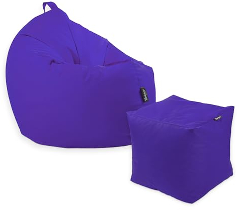 Premium 2-in-1 Sitzsack mit Füllung | Fußhocker | für Kinder & Erwachsene | Outdoor & Indoor | Sitzkissen | Bodenkissen | Wasser- & schmutzabweisend + Sitzpouf 35x35x35cm (Lila, 125 CM + Sitzspouf)