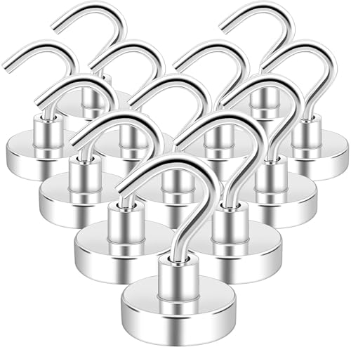 swihorab Magnethaken, 12Stück Extra Stark Magnet Haken 15kg Super Starke Neodym Magnete mit Haken, 20mm Neodym Magnete Haken für Küche, kühlschränke, Klassenzimmer, Kreuzfahrt Magnethacken Silber