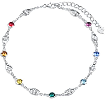 AOBOCO Fußkettchen Sterling Silber 925 Damen Perlen Fusskettchen mit Kristalle 25 cm (Böser Blick)