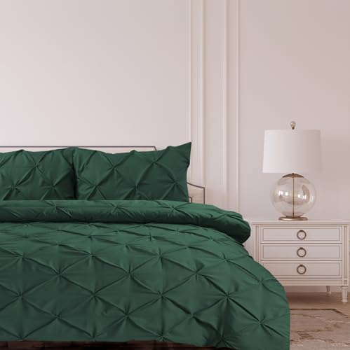 Bronwen Mathews King Size Duvet Cover Set Bottle Green Pintuck Pinch Pleat Soft Microfibre Quilt Cover with 2 Pillowcases, Wrinkle Free King Bedding Set