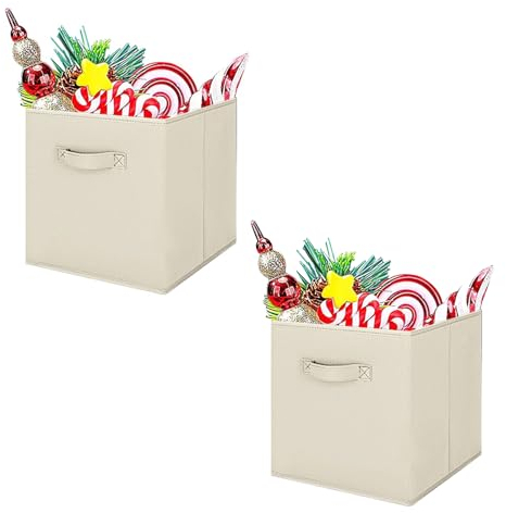 Holdfiturn 2Pcs Cube Storage Boxes 28x28x28cm Foldable Kallax Storage Cubes with Handles Collapsible Baskets Toy Bins Fabric Organisiers Containers for Kallax Unit Shelf Beige