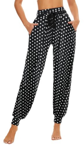 HAPYWER Haremshose Damen Lang für Sport Workout-Yogahose Jogginghose Sommerhose Leicht Weiche Lockere Bequem mit Groß Taschen-S-XXL(Polka Dot - Schwarz,M)