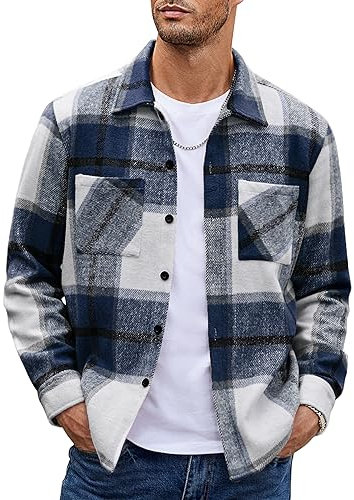 COOFANDY Mens Flannel Shirt Jacket Long Sleeve Casual Checked Overshirt Plaid Jacket for Men with Pockets Blue XL