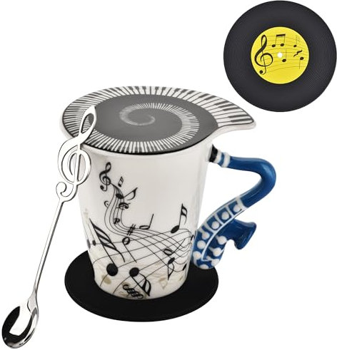 12.9 oz Saxophone Novelty Mug Unique Musical Note Design Tea Coffee Milk Ceramic Mug Cup with Cool Music Themed Lid and Spoon&Coaster,Musicians Gifts,Music Lovers Gift for Men,Women,Teacher,Blue