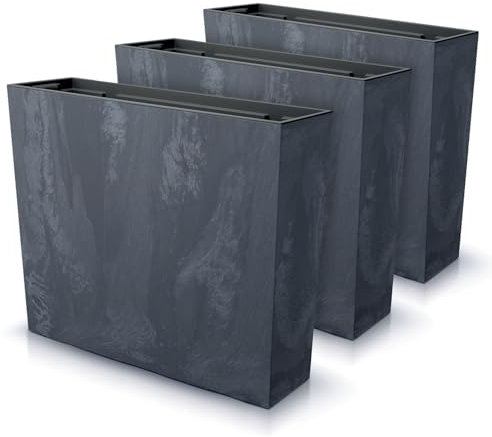 IMJ-Global Lot de 3 pots à fleurs rectangulaires Urbi Square en plastique Beton Effect 58 x 18 x 49,8 cm pour intérieur extérieur noir 44 litres design moderne