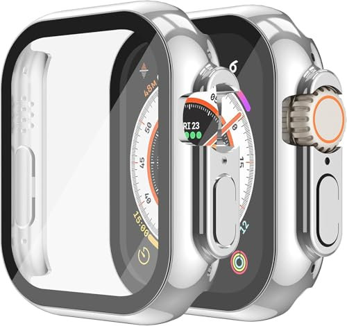 Misxi 2 Stück Hard Hülle mit Glas Displayschutz Kompatibel mit Apple Watch Ultra 2 (2024) / Ultra 49mm, Kratzfest PC Ultradünnes Schutz Case mit Taste für iWatch, 1 Silber + 1 Transparent