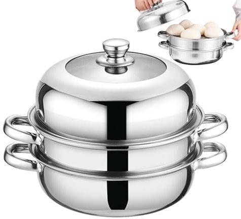 Olla de vapor – Sartenes de vapor de 3 niveles | Sartenes de vapor de inducción con tapa y mango | Olla de vapor de acero inoxidable | Olla de vapor para verduras al vapor, sopa, arroz, mariscos