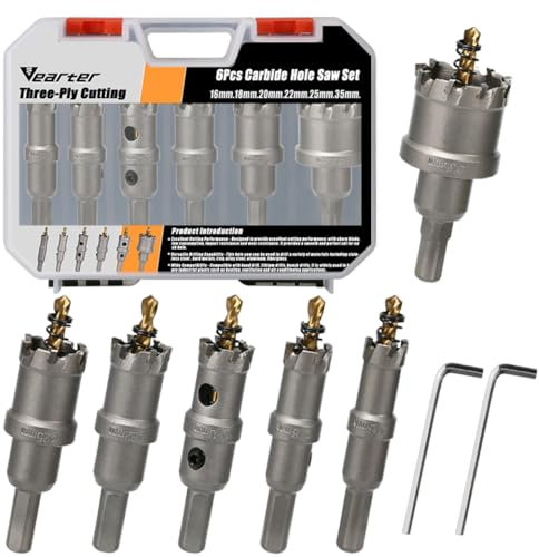 Vearter Juego de 6 sierras perforadoras de metal duro, 16 – 35 mm, TCT para acero inoxidable, hierro, acero dulce, aluminio, aleación, plástico, fibra de vidrio