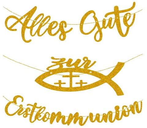 Premium Goldene Erste Heilige Kommunion Girlande mit Glitzer, Sakrament Deko Banner, Funkelnde Hängende Festdekoration für Erstkommunion Jungen und Mädchen, 150cm Kommunionparty Dekoration