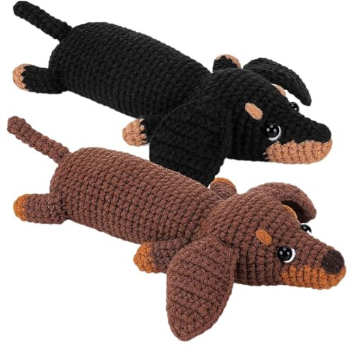 CEWROM Häkelset für Anfänger, 2 Komplett Dackel Hund Häkeln Set, mit Garnhaken, Nadeln, Häkelset, Anfänger, Häkel-Starter-Kit Crochet Set, Erwachsene, Mädchen, Jungen, DIY Handwerk Geschenk