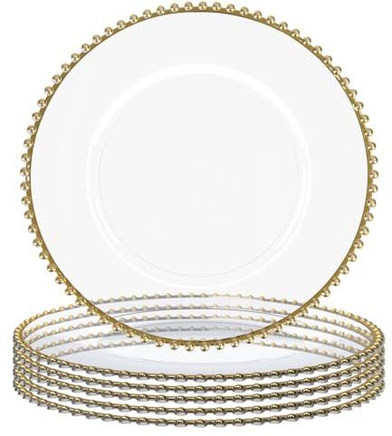 MAONAME 13 Clear Charger Plates Set of 6, Round Plate Chargers with Gold Beaded Rim, Table Chargers for Dinner Plates, Plastic Chargers for Table Setting, Wedding Decor