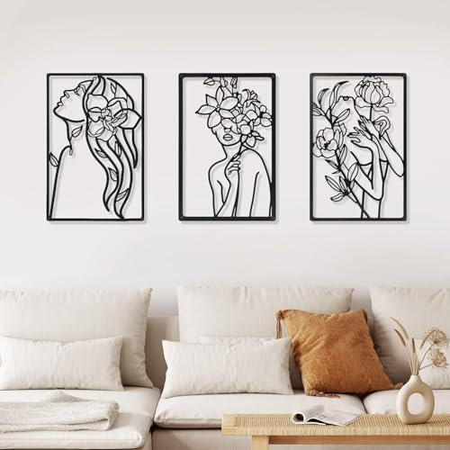 Shakub 3 Stück Metall-Wandkunst Deko,Minimalistische Linien,Moderne Frauen Kunst,Wasserfest Wandskulpturen für Wohnzimmer und Schlafzimmer Deko,Metall Wanddeko,33x28cm