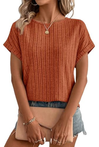 Gemulate Ladies top Plus Size Womens Fashion Clothes Trendy Dressy Casual Tshirts Short Sleeve Blouses Plain Tops for Women UK Caramel L