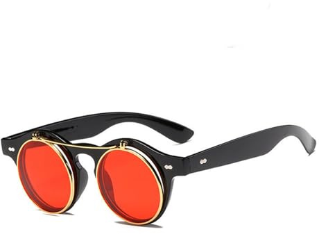 AYBIOSD Runde Sonnenbrille Für Damen Herren Flip Up Ronde Steampunk Sonnenbrille Vintage Polarisiert Sonnenbrillen Retro Brillen UV400 Schutz,Rot