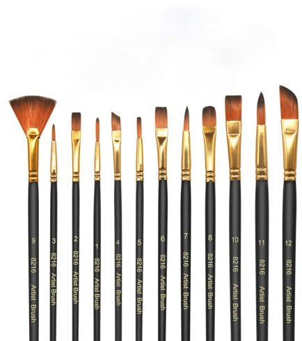 elzle Acrylic Paint Brushes,12 Paint Brush Set,Nylon Art Brushes,Fine Paint Pen with Smooth Tip,Wooden Pen Body Suitable for Acrylic, Watercolour, Oil and Gouache Paintings (Black)