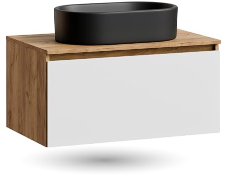 Planetmöbel Arisa Waschtisch mit Unterschrank 80 cm Gold Eiche | weiß, Waschbecken 55 cm schwarz, Raumsparsiphon