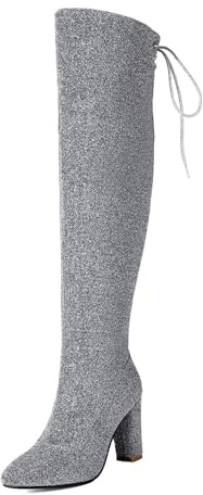 Generico Donna Punta Appuntita Glitterate Stivali Alti alla Coscia Tacco A Blocco Alto Chiusura Lacci Scarpe da Festa O da Ballo con Cerniera,Argento,39 EU
