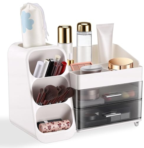 TranRantic Makeup Organiser Storage with Drawers, Lipstick Brush Holder | Desktop Vanity Organiser, Large Capacity Skincare, Beauty Routine Storage Organiser (White)