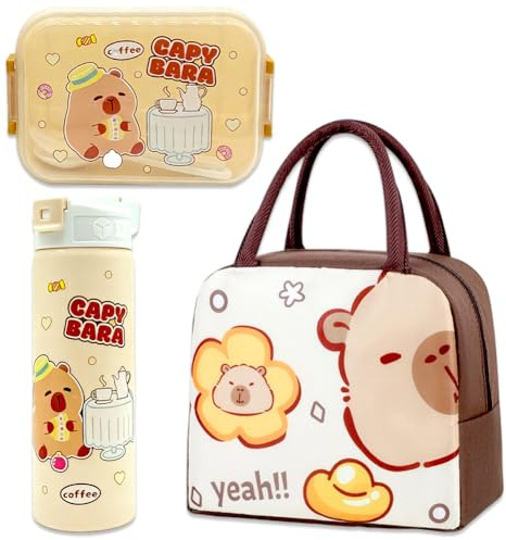 Vexthorion Capybara Lunch Bag Set 3 Pcs, Bento Box & Leak Proof Water Bottle with Straw for Adults,Insulated Thermal Food Carrier Bag for Office School Picnics, Leak-Proof BPA Free Brown (Capybara-3)