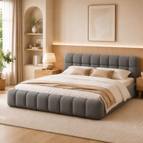 Hoscullo Bubble Bett 140x200cm, Polsterbett Doppelbett mit Lattenrost, Jugendbett, Bettgestell mit Gepolstertes Kopfteil, Leinen, Grau, ohne Matratze, für Schlafzimmer und Gästezimmer