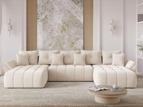 GRAINGOLD Decor U Ecksofa modern mit Bettfunktion, 382x192 cm, U-Form Sofa, Schlafcouch für Wohnzimmer, Veloursstoff, 5-Sitzer Wohnlandschaft, Ecksofa mit Bettkasten (Beige)