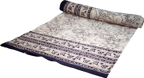 GURU SHOP Blockdruck Tagesdecke, Bett & Sofaüberwurf, Handgearbeiteter Wandbehang, Wandtuch - Design 2, Baumwolle, Size:Single 150x200 cm