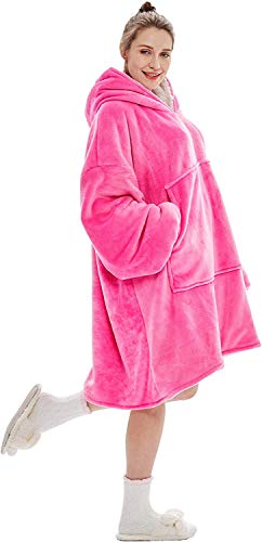 Seogva Oversized Sherpa Hoodie, Wearable Hoodie Sweatshirt Blanket, Super Soft Warm Comfortable Blanket Hoodie, One Size Fits All, Men, Women, Girls, Boys, Friends Rose Pink
