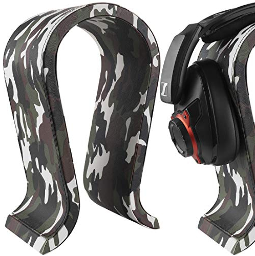 GEEKRIA Vegan Leather Wooden Omega Headphone Stand for Over-Ear Headphones, Gaming Headset Stand, Desk Display Hanger Compatible with JBL, Hyperx, Razer, Turtle Beach, Sony PS5 (Camo)