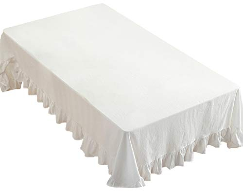 rismart Volante Fruncido Lino Manteles Cubrir Mantel por Escritorio Mesa Adorno Blanco,100 x 140 cm