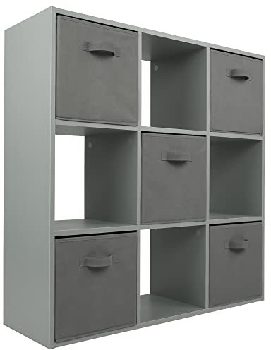 Charles Jacobs Grey 9 Cube Storage Shelving Unit + 5 Grey Fabric Drawers