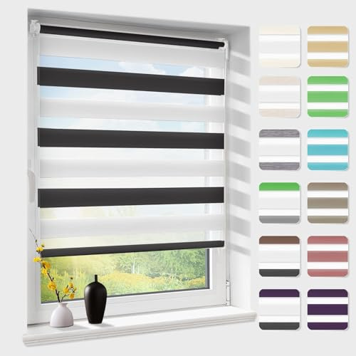 Doppelrollo klemmfix ohne Bohren, Duo Rollos für Fenster & Tür mit Bohren, Weiß Schwarz B35 x H140cm (Stoffbreite 35 cm), Fensterrollo lichtdurchlässig & verdunkelnd, Klemmrollo Sonnenschutz