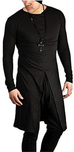 Men Shirt Modern Urban Classic Fashion Round Neck Solid Color Men T-Shirt Autumn Winter Split Fork Hem Men Leisure Shirts Daily All-Match Men’S Long-Sleeved A-Black