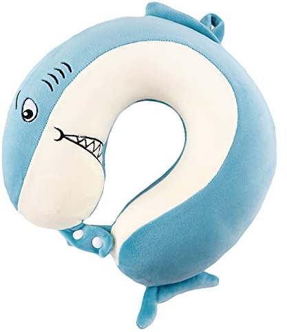 EXQULEG Cartoon Nackenkissen Memory Foam Nackenkissen Stützkissen, Reisekissen Kinder Reisekissen Ideal für Reise Büro und Haus (Hai)