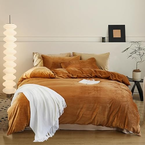 Luxlovery Kürbis-Samt-Bettwäsche-Set, Vollrost-Flanell-Bettwäsche-Set, volle Größe, Terrakotta, warm, dick, Winterdecke, Steppdecken, staubig, Orange, 3-teiliges Bettwäsche-Set für Damen und Herren