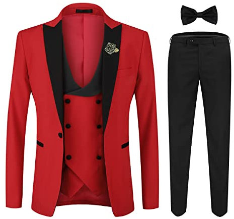 YOUTHUP Herren Anzug Slim Fit 3 Teiliger Herrenanzug Modern Smoking mit Fliege und Broschen für Hochzeit Abschlussball, Rot, XXL