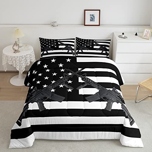 Bettwäsche-Set mit amerikanischer Flagge, King-Size-Maschinengewehr-Daunendecke für Kinder, Jugendliche, Erwachsene, Herren, Schlafzimmer, USA-Federations-Sterne, Bettwäsche-Sets, Schwarz und Weiß