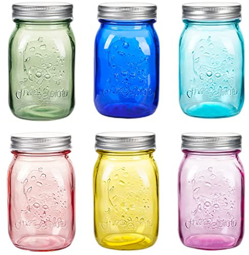 16 oz Colored Mason Jars with Lids，Regular Mouth Canning Jar, 6 Pack Multifunction Glass Container, for Storage, Canning, Pickling, Preserving, Fermenting, DIY Crafts & Decor