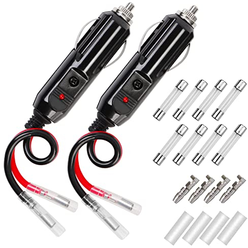 2 Piezas Enchufe de Encendedor para Coche, Cable Conector para Coche de 12 V/24 V, 15cm 16AWG Cable de Extensión, Encendedor de Cigarrillos Plug con 4 10A y 4 15A Fusibles (15cm)