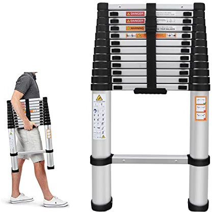 5M Verlängerungsleiter Aluminium Teleskopfaltleiter 12 Schritte, justierbare Höhe, 150kg Tragfähigkeit, tragbare zusammenklappbare Leiter für Haus, Büro, Wohnmobil, Dach Reparatur