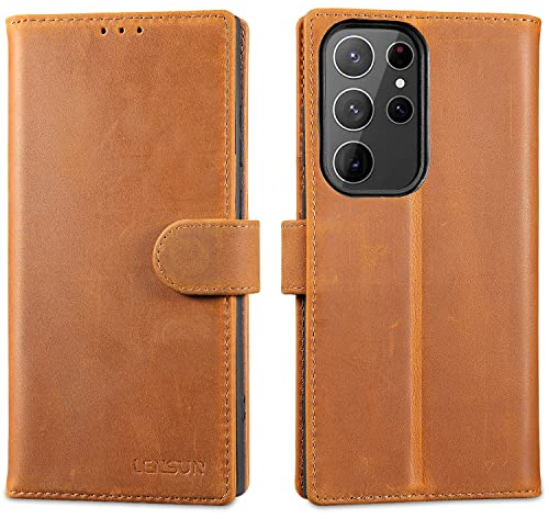 LENSUN Echtleder Hülle für Samsung Galaxy S23 Ultra, Handyhülle [Echtes Leder] [Magnetverschluss] [RFID] Lederhülle Handytasche für Samsung S23 Ultra 5G - Vintage Braun